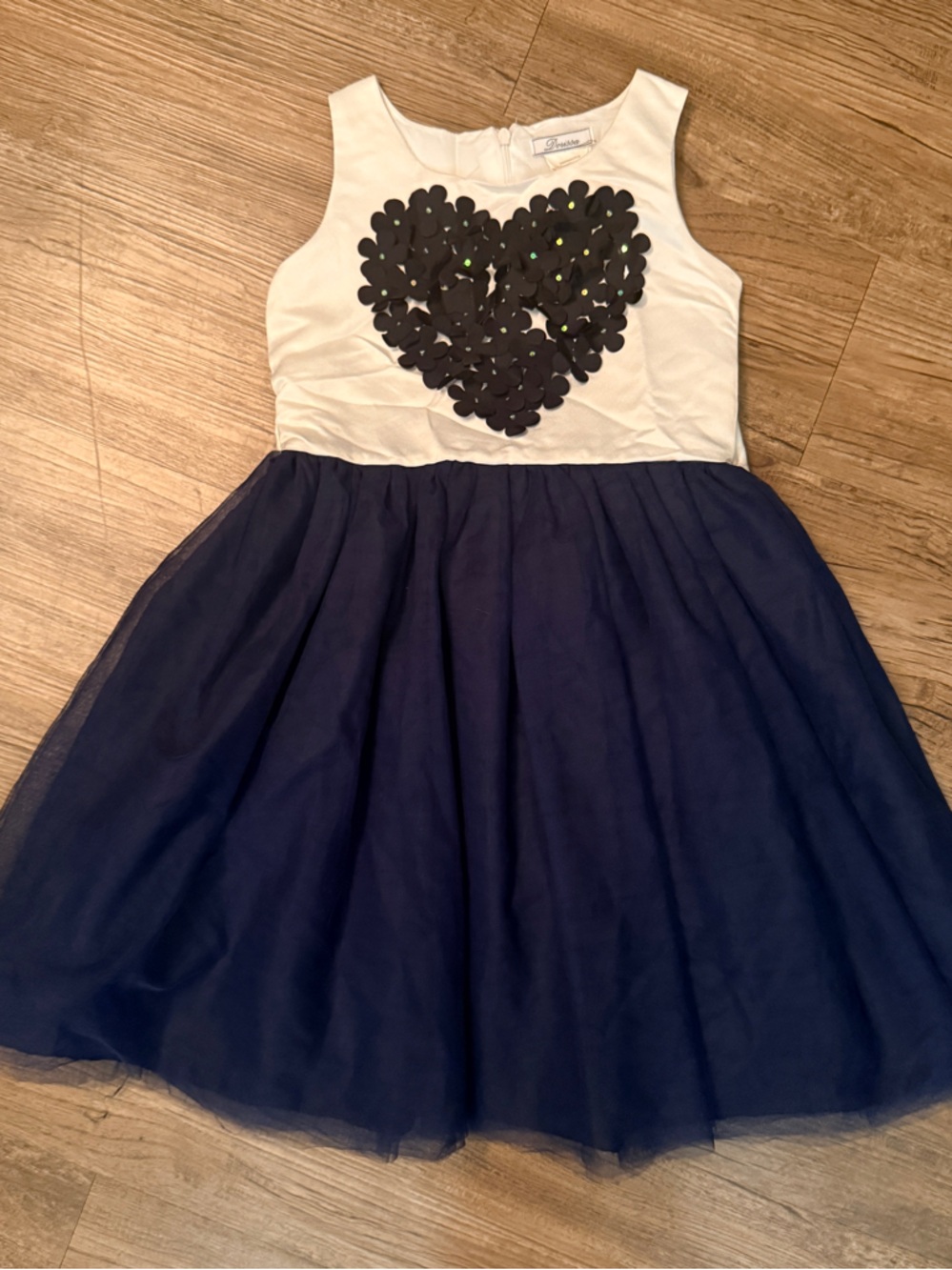 Girls Navy and White Tulle Party Dress with Heart Applique